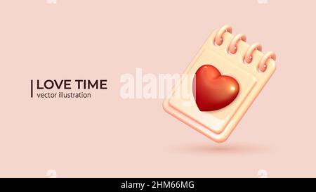 3d Calendar or notes reminder with red heart. 3d calendar icon with heart in trendy colors, render graphic style. Realistic Elements for romantic design Stock Vector