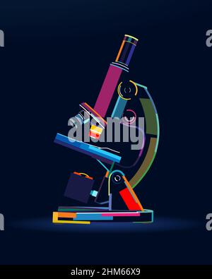 Abstract microscope biological, pharmaceutical magnifying instrument from multicolored paints. Colored drawing. Vector illustration of paints Stock Vector