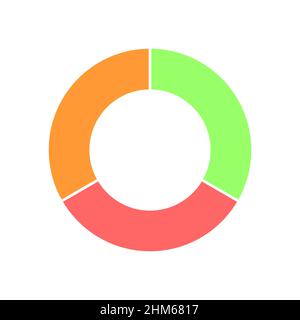 Donut chart. Colorful circle diagram divided in 3 sections. Infographic wheel icon. Round shape cut in equal three parts isolated on white background. Vector flat illustration Stock Vector
