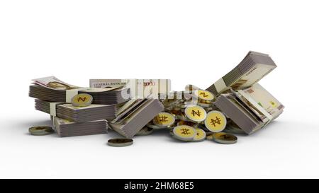 Nigerian Naira notes and coins. 3D rendering of bundles of banknotes and coin concept Stock Photo