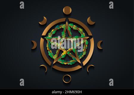 Gold Pentacle circle symbol and Phases of the moon. Golden Wiccan symbol, full moon, waning, waxing, first quarter, gibbous, crescent, third quarter. Stock Vector
