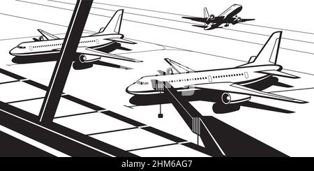 Passenger airplanes at airport terminal - vector illustration Stock Vector