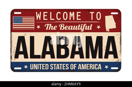 Welcome to Alabama vintage rusty license plate on a white background, vector illustration Stock Vector