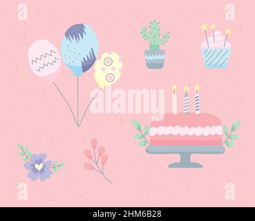 six Birthday invitation set icons Stock Vector