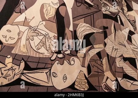 New York, NY - February 7, 2022: Picasso’s Guernica tapestry has been cared for by conservators and rehung outside the United Nations Security Council Chamber Stock Photo