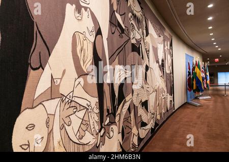 New York, NY - February 7, 2022: Picasso’s Guernica tapestry has been cared for by conservators and rehung outside the United Nations Security Council Chamber Stock Photo