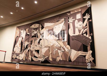 New York, NY - February 7, 2022: Picasso’s Guernica tapestry has been cared for by conservators and rehung outside the United Nations Security Council Chamber Stock Photo