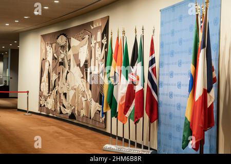 New York, USA. 07th Feb, 2022. Picasso's Guernica tapestry has been cared for by conservators and rehung outside the United Nations Security Council Chamber in New York on February 7, 2022. Nelson A. Rockefeller, Jr., whose family has been the longtime steward of the tapestry intends to donate the work to the National Trust for Historic Preservation in the future. Guernica tapestry's will be on long-term loan with the UN. (Photo by Lev Radin/Sipa USA) Credit: Sipa USA/Alamy Live News Stock Photo