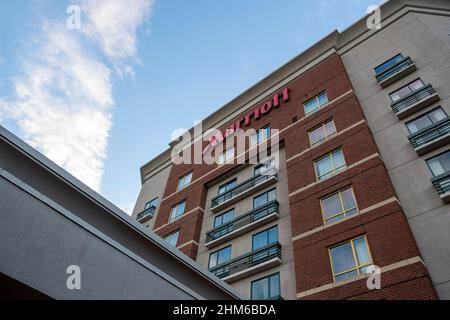 Remond, WA USA - circa August 2021: Low angle view of a Marriott hotel in the downtown area on a bright, sunny day. Stock Photo