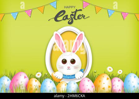 Cartoon style happy Easter bunny with colorful eggs in green garden background Stock Vector