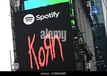View of the Spotify audio streaming platform logo on a billboard