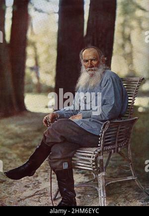 A colour portrait of Leo Tolstay,author of War & Peace and Anna Karenina, from 1908 when he was 80 years old.  The photo was takenat his family estate and birthplace Yasnaya Polyana. Stock Photo