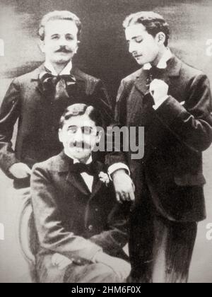 A photo of the French writer Marcel Proust, author of  In Search of Lost Time, with Robert de Flers and Lucien Daudet. The photo is from 1894, when Proust was 23 yrs old. Stock Photo