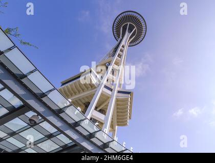 Seattle, WA, USA - June 1, 2014: Exterior of the Seattle Space Needle in Seattle, WA. Stock Photo