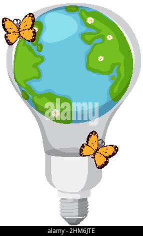 Earth in light bulb with two butterflies illustration Stock Vector