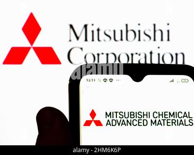 Ukraine. 07th Feb, 2022. In this photo illustration, the Mitsubishi Chemical Advanced Materials logo is displayed on a smartphone screen with a Mitsubishi Corporation logo in the background. Credit: SOPA Images Limited/Alamy Live News Stock Photo