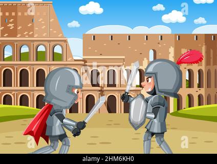 Scene with two knights in armour is fighting  illustration Stock Vector