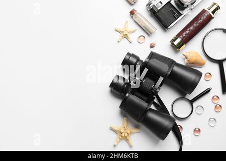 Set of travel items with seashells on white background Stock Photo