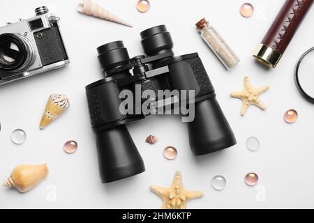 Set of travel items with seashells isolated on white background Stock Photo