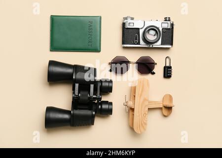Composition with travel items, sunglasses and passport on color background Stock Photo