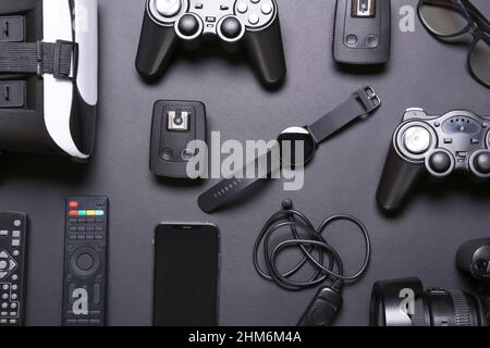 Set of modern gadgets on dark background Stock Photo