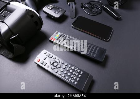 Set of modern gadgets on dark background, closeup Stock Photo