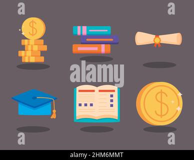 six loans scholarship set icons Stock Vector