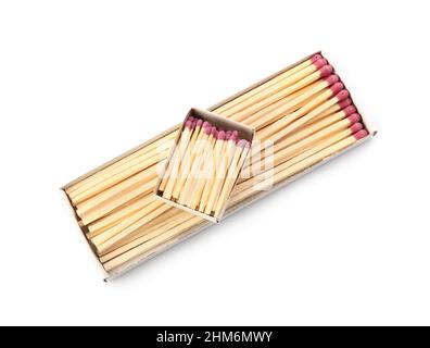Matchboxes with different whole matches on white background Stock Photo