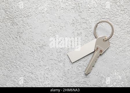 Key with metallic keychain on light background Stock Photo