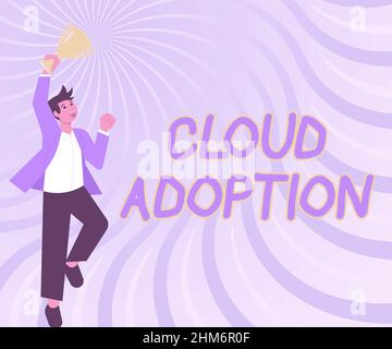 Text sign showing Cloud Adoption. Conceptual photo strategic move by organisations of reducing cost and risk Gentleman Jumping Excitedly Holding Stock Photo