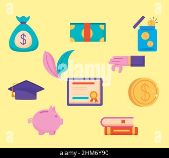 ten loans scholarship set icons Stock Vector
