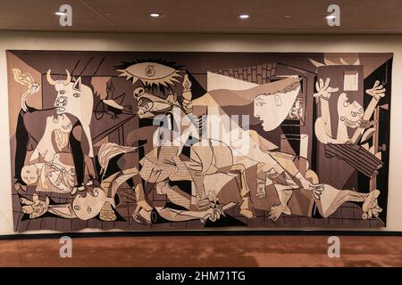 New York, United States. 07th Feb, 2022. Picasso's Guernica tapestry has been cared for by conservators and rehung outside the United Nations Security Council Chamber. Nelson A. Rockefeller Jr., whose family has been the longtime steward of the tapestry intends to donate the work to the National Trust for Historic Preservation in the future. Guernica tapestry's will be on long-term loan with the UN. (Photo by Lev Radin/Pacific Press) Credit: Pacific Press Media Production Corp./Alamy Live News Stock Photo