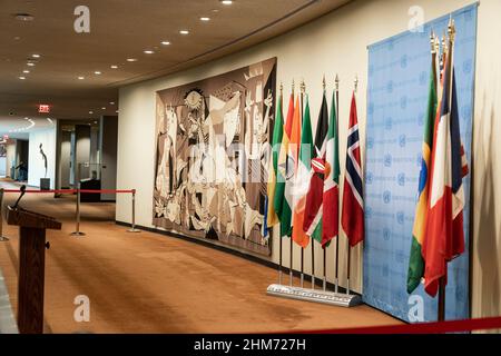 New York, New York, USA. 7th Feb, 2022. Picasso's Guernica tapestry has been cared for by conservators and rehung outside the United Nations Security Council Chamber. Nelson A. Rockefeller Jr., whose family has been the longtime steward of the tapestry intends to donate the work to the National Trust for Historic Preservation in the future. Guernica tapestry's will be on long-term loan with the UN. (Credit Image: © Lev Radin/Pacific Press via ZUMA Press Wire) Credit: ZUMA Press, Inc./Alamy Live News Stock Photo