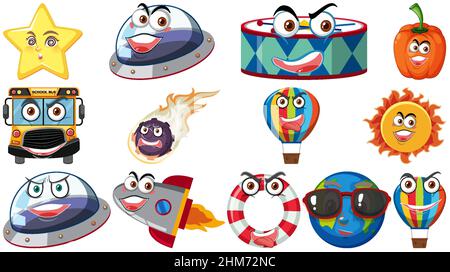 Set of different toy objects with smiley faces illustration Stock Vector