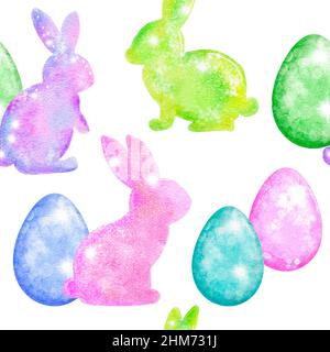 Watercolor seamless hand drawn pattern with Easter eggs bunnies on glitter shimmer shiny texture, magic mystic crystals floral leaves elements. Pastel pink blue purple green spring holiday background for textile wrapping paper Stock Photo