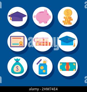 nine loans scholarship set icons Stock Vector
