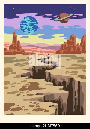 Fantasy cartoon landscape of alien planet in warm vibrant colors.  Stock Vector