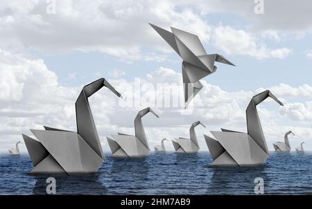 Change your life concept and fearless courage symbol as origami swans floating on water with a confident bird rising up and flying away representing. Stock Photo