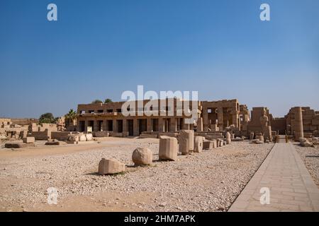Ancient Temple of Karnak in Luxor - Ruined Thebes Egypt. Walls. obelisks and statutes at Karnak Temple. Temple of Amon-Ra Stock Photo