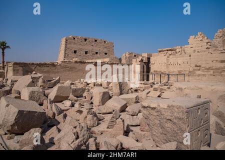 Ancient Temple of Karnak in Luxor - Ruined Thebes Egypt. Walls, obelisks and statutes at Karnak Temple. Temple of Amon-Ra Stock Photo