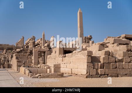 Ancient Temple of Karnak in Luxor - Ruined Thebes Egypt. Walls. obelisks and statutes at Karnak Temple. Temple of Amon-Ra Stock Photo