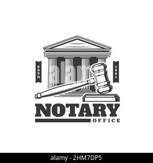 Notary office icon with judge gavel and lawyer court, legislation vector sign. Notary services of legal lawyer or law firm, juridical and jurisprudenc Stock Vector