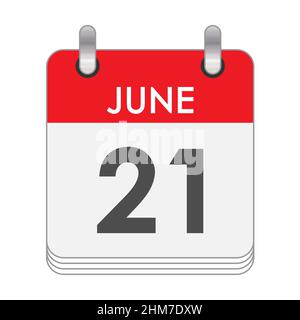 JUNE 21. A leaf of the flip calendar with the date of JUNE 21. Flat style. Stock Vector