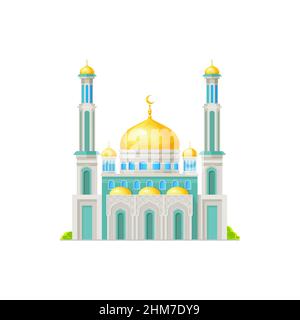 Arabic mosque with domes, Islam religion architecture vector building. Muslim house of prayer, Islamic temple or masjid with minarets, gold domes and Stock Vector