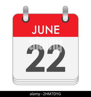 JUNE 22. A leaf of the flip calendar with the date of JUNE 22. Flat style. Stock Vector