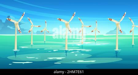 Offshore wind farm with turbines standing in sea. Vector illustration of alternative power generation, sustainable energy resources. Cartoon ocean landscape and windmills in water Stock Vector