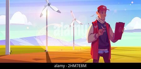 Wind turbine technician man work on energy farm on green field. Vector cartoon illustration with summer landscape with windmills, mountains and man engineer Stock Vector