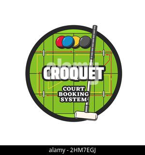 Croquet sport vector icon with balls and mallet on green grass playing court. Isolated round symbol with croquet game player equipment for sport club, Stock Vector