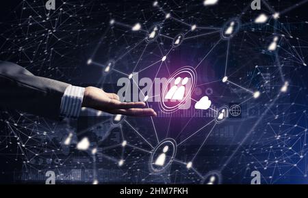 Presenting modern wireless technologies as means of communucation and networking on dark background Stock Photo