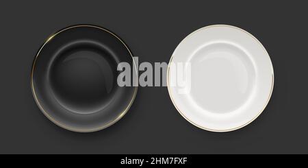 Black and white porcelain plates with golden border on black background. Empty dishes for dinner, breakfast or lunch vector illustration. Clean dishwa Stock Vector
